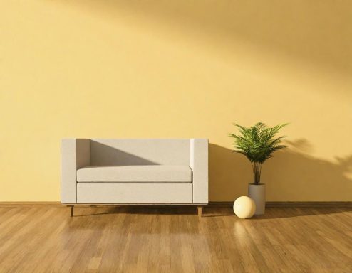 Heller Raum mit einem modernen Sofa, einem Topf mit Pflanze und einem dekorativen Objekt.